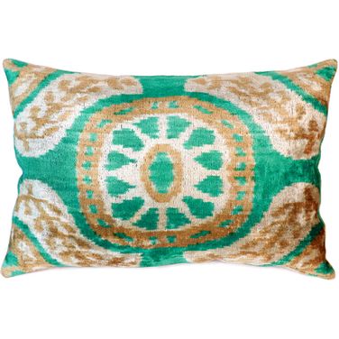 Ikat Velvet Pillow- 15" x 24" In Green and Beige