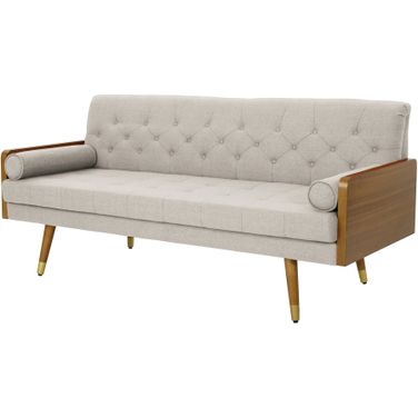 Illuminative Button-Tufted Upholstered Sofa with Splayed Legs and Bolster Pillows In Beige