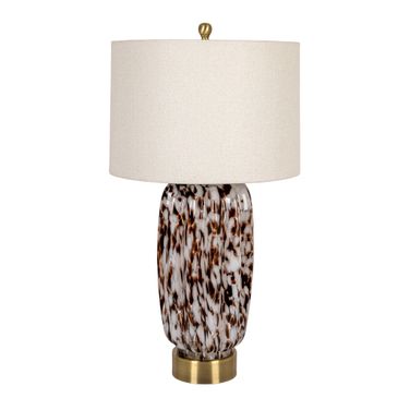 Ines 30 Inch Tortoise Art Glass Table Lamp with Linen Drum Shade In Cream and Brown