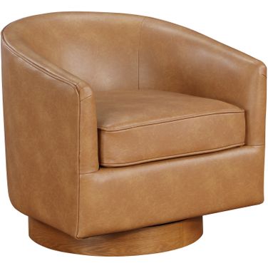 Irving Faux Leather Wood Base Barrel Swivel Chair In Saddle