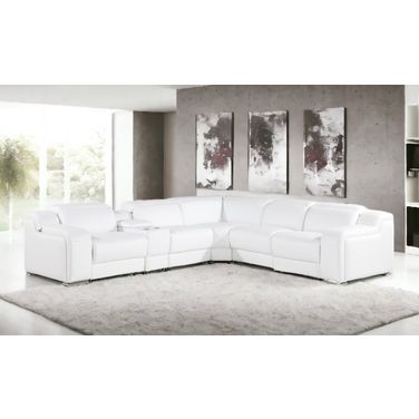Italian Leather Power Reclining L Shaped Six Piece Corner Sectional with Console In White