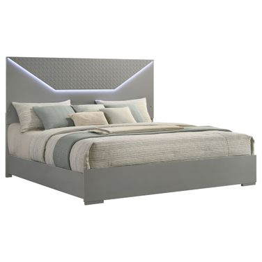 Ives Eastern King Panel Bed LED Headboard In Grey High Gloss
