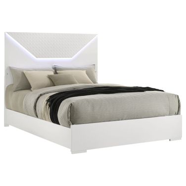 Ives Queen Panel Bed LED Headboard In White High Gloss