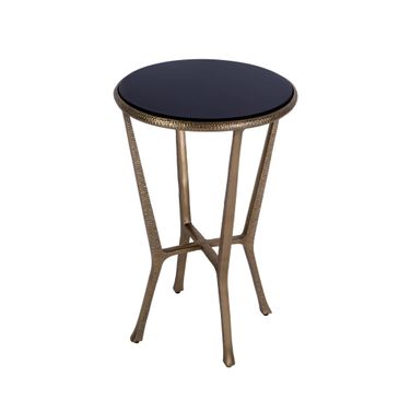 Ivy Round Metal & Granite Side Table In Antique Gold and Black