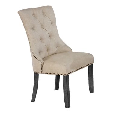 Jade Upholstered Dining Chair In Beige Linen Fabric and Dark Gray Wood