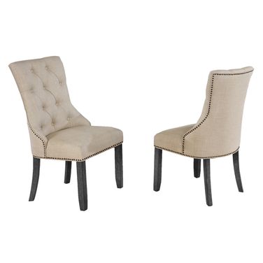 Jade Upholstered Dining Chairs Set of 2 In Beige Linen Fabric and Dark Gray Wood