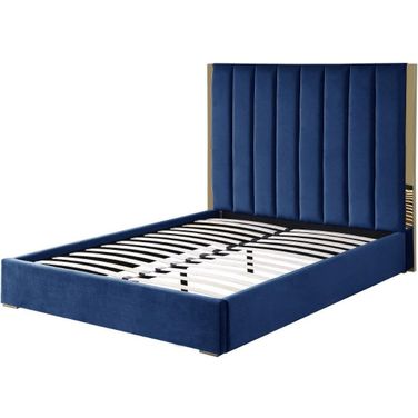 Jalen Blue Velvet Queen Platform Bed With Gold Accents