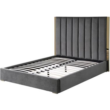 Jalen Dark Gray Velvet Queen Platform Bed With Gold Accents