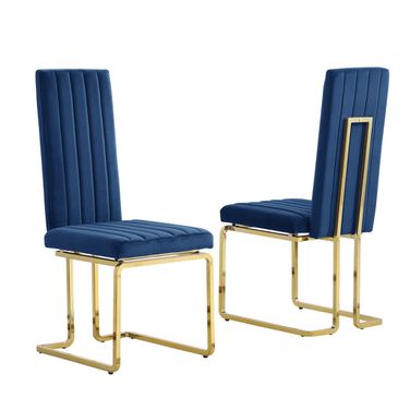 Jana Side Chairs Set of 2 In Navy Blue Velvet and Gold Chrome