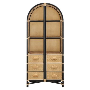 Jane 71 Inch Tall Arched Natural Rattan Bookshelf In Natural Black