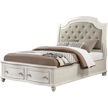 Jaqueline Queen Bed With Storage In Gray Linen And Antique White