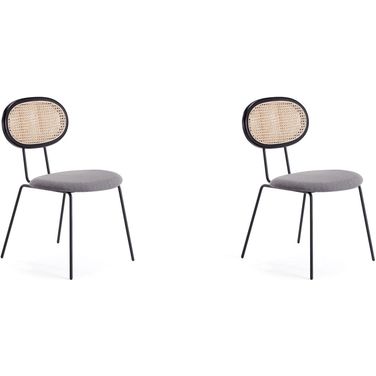 Jardin Dining Chair In Black With Cane And Grey Upholstered Seating Set of 2
