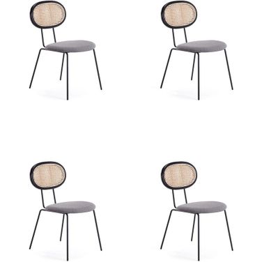 Jardin Dining Chair In Black With Cane And Grey Upholstered Seating Set of 4