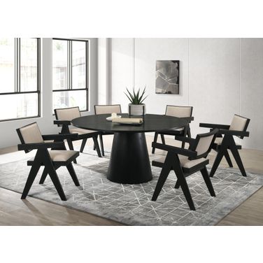 Jasper 7 Piece Round Dining Set In Ebony Black and Beige