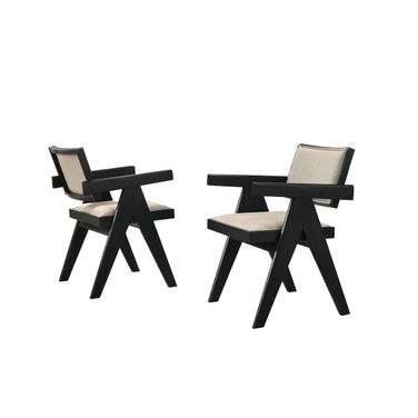 Jasper Upholstered Seat Dining Arm Chairs Set of 2 In Ebony Black and Beige