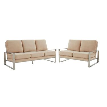 Jefferson Contemporary Modern Velvet Living Room Set With Silver Frame In Beige