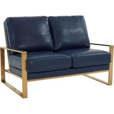 Jefferson Leather Loveseat With Gold Frame In Navy Blue
