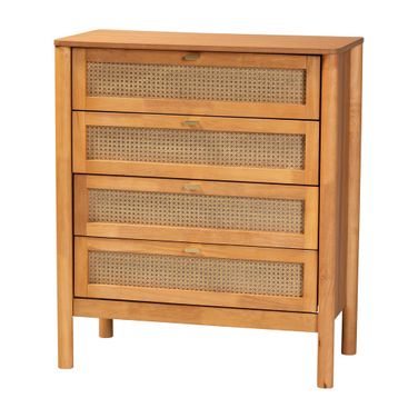 Jenn Wood 4-Drawer Chest with Distressed Finished Rattan In Golden Brown