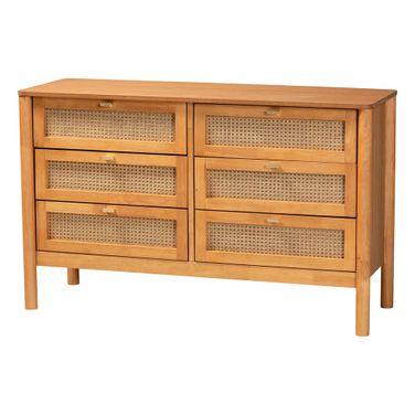 Jenn Wood 6-Drawer Dresser with Distressed Finished Rattan In Golden Brown