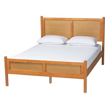 Jenn Wood Queen Platform Bed with Distressed Finished Rattan In Golden Brown