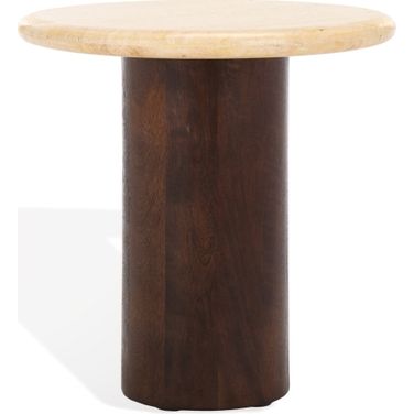 Jennamira Round Travertine Table In Dark Brown and Travertine