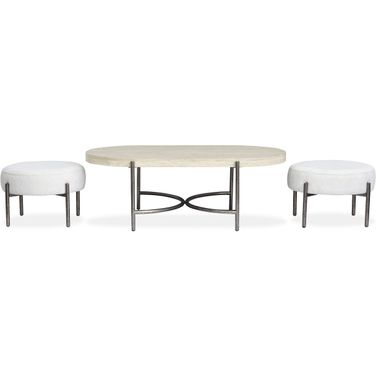 Jennings Oval Cocktail Table With 2 Ottomans In Edgecomb Grey and Weathered Antique Nickel