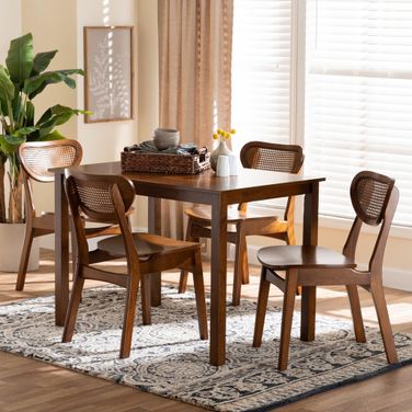 Jeriah Wood and Woven Rattan 5 Piece Dining Set In Walnut Brown