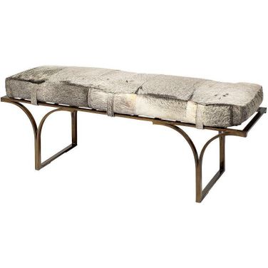 Jessie White And Gray Hair-On-Hide Seat With Gold Metal Base Accent Bench