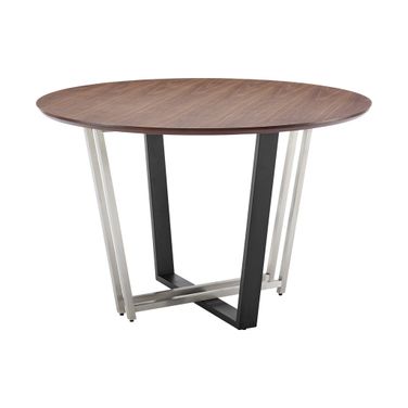 Joana 48 Inch Round Dining Table In Brushed Stainless Steel and Black Iron Base with Walnut Tabletop