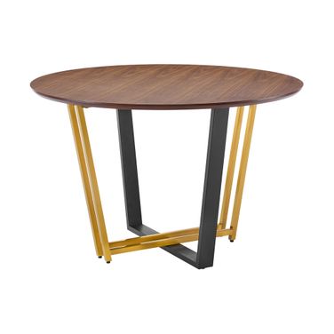 Joana 48 Inch Round Dining Table In Gold Stainless Steel and Black Iron Base with Walnut Tabletop