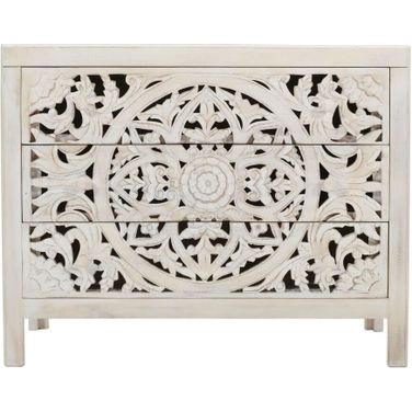 Jolie Global Boho Hand Carved Accent Chest with 3 Drawers In White Wash