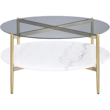 Jonelle Round Glass Top Coffee Table White Marble Shelf In Smoke