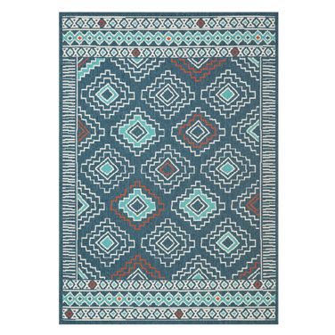 Jorka Tribal Power-Loomed Indoor/Outdoor Area Rug In Navy and Ivory