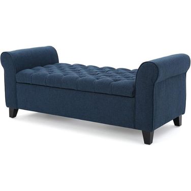 Journey Upholstered Bench with Storage, Diamond Tufted Seat and Flared Arm In Navy Blue