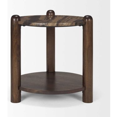 Jovia Brown Mango Wood with Cappuccino Marble Round Side Table In Brown