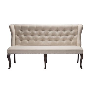 Juanita Upholstered Dining Bench In Beige Linen Fabric and Cappuccino
