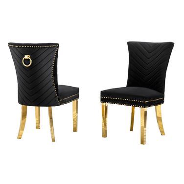 Julie Upholstered Side Chairs Set of 2 In Black Velvet and Gold Stainless Steel Legs and Ring