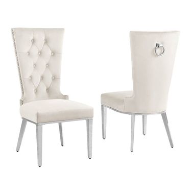 Julie Upholstered Side Chairs Set of 2 In Cream Velvet and Stainless Steel