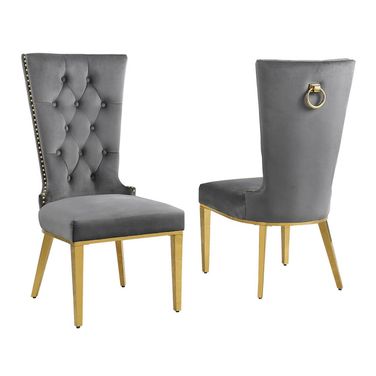 Julie Upholstered Side Chairs Set of 2 In Dark Gray Velvet and Gold Stainless Steel
