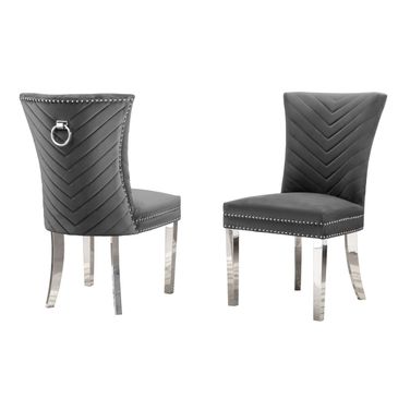 Julie Upholstered Side Chairs Set of 2 In Dark Gray Velvet and Stainless Steel Legs and Ring