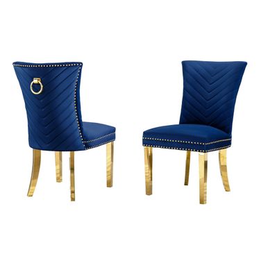 Julie Upholstered Side Chairs Set of 2 In Navy Blue Velvet and Gold Stainless Steel Legs and Ring
