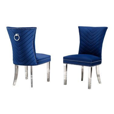 Julie Upholstered Side Chairs Set of 2 In Navy Blue Velvet and Stainless Steel Legs and Ring