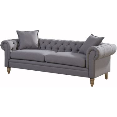 Juliet Linen Fabric Upholstered Button Tufted Chesterfield Sofa In Grey