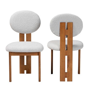 Kacela Boucle Fabric and Wood 2-Piece Dining Chair Set In Light Grey and Walnut Brown