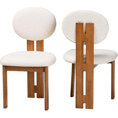 Kacela Boucle Fabric and Wood Dining Chair Set of 2 In Cream and Walnut Brown