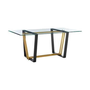 Kai 72 Inch Rectangular Dining Table In Gold Stainless Steel and Black Iron Base with Glass Tabletop