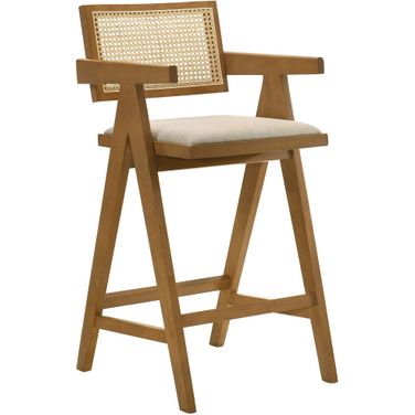 Kane Solid Wood Bar Stool with Woven Rattan Back and Upholstered Seat Light Walnut Set of 2