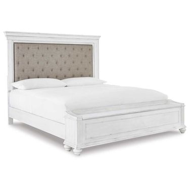 Kanwyn California King Upholstered Panel Storage Bed In White Wash