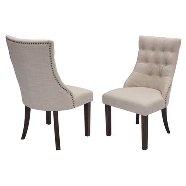 Karol Dining Chairs Set of 2 with Tufted Seats In Beige Linen and Walnut Wood