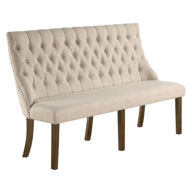 Karol Large Upholstered Dining Bench In Beige Linen Fabric and Walnut Wood